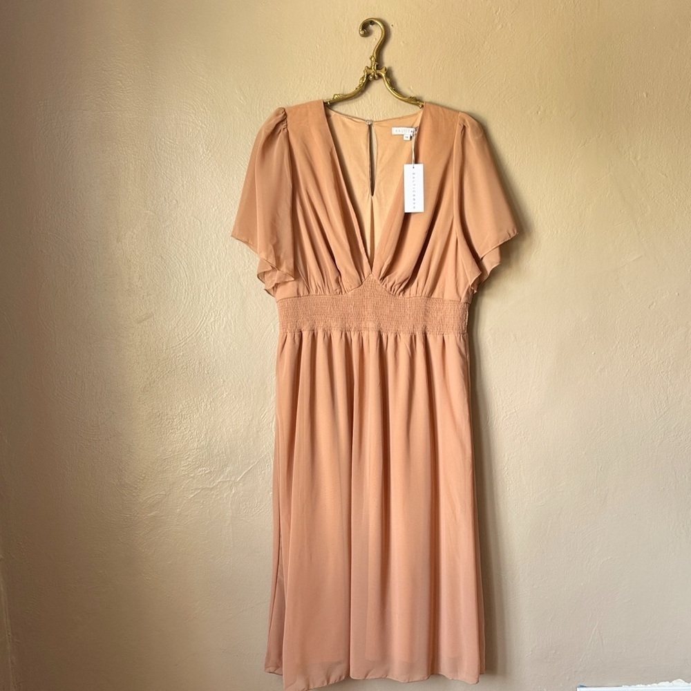 Baltic Born Sarah Smocked Midi Dress in Dusty Camel